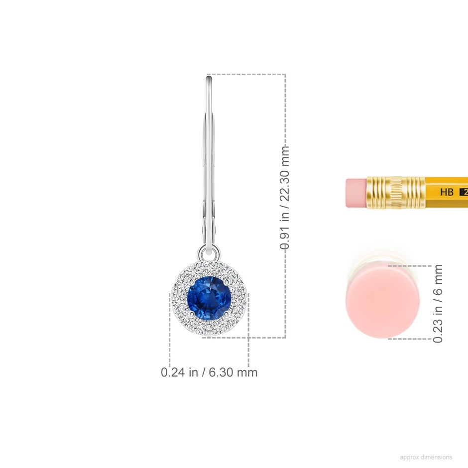 3.5mm AAA Round Blue Sapphire Leverback Halo Dangle Earrings in 18K White Gold ruler