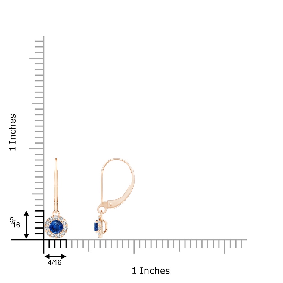 3.5mm AAA Round Blue Sapphire Leverback Halo Dangle Earrings in Rose Gold ruler