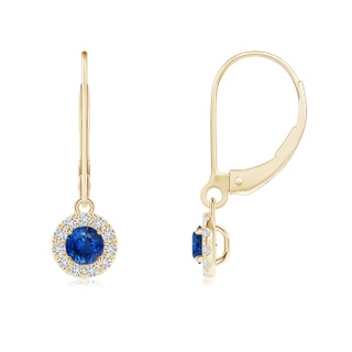 3.5mm AAA Round Blue Sapphire Leverback Halo Dangle Earrings in Yellow Gold