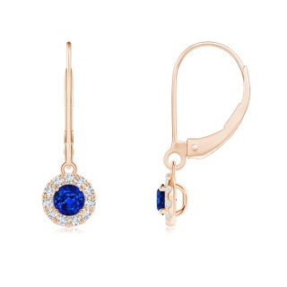 3.5mm AAAA Round Blue Sapphire Leverback Halo Dangle Earrings in Rose Gold