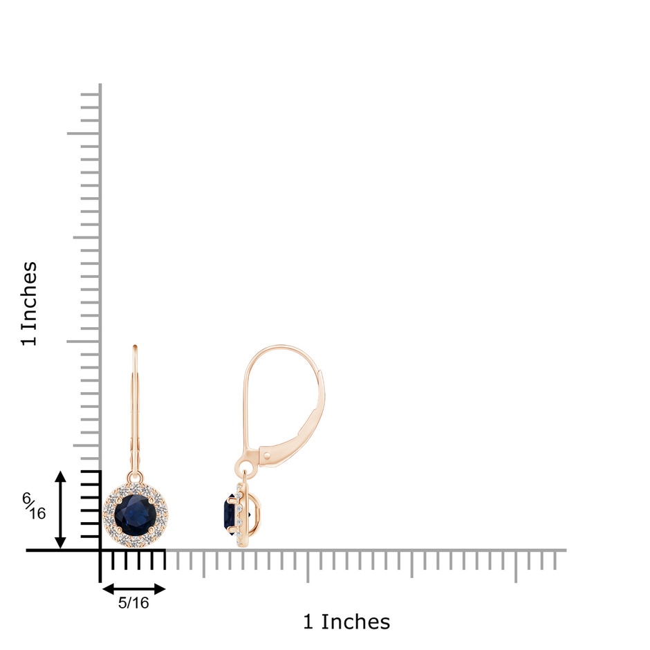 4.5mm A Round Blue Sapphire Leverback Halo Dangle Earrings in Rose Gold ruler