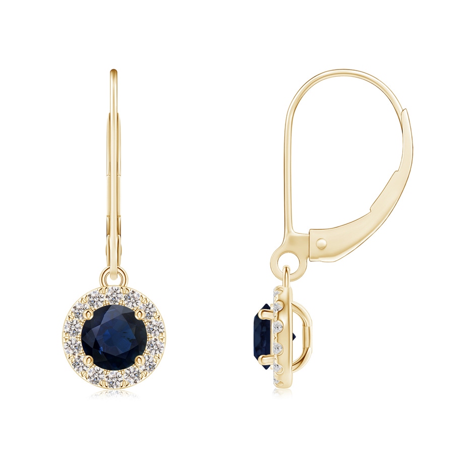 4.5mm A Round Blue Sapphire Leverback Halo Dangle Earrings in Yellow Gold 