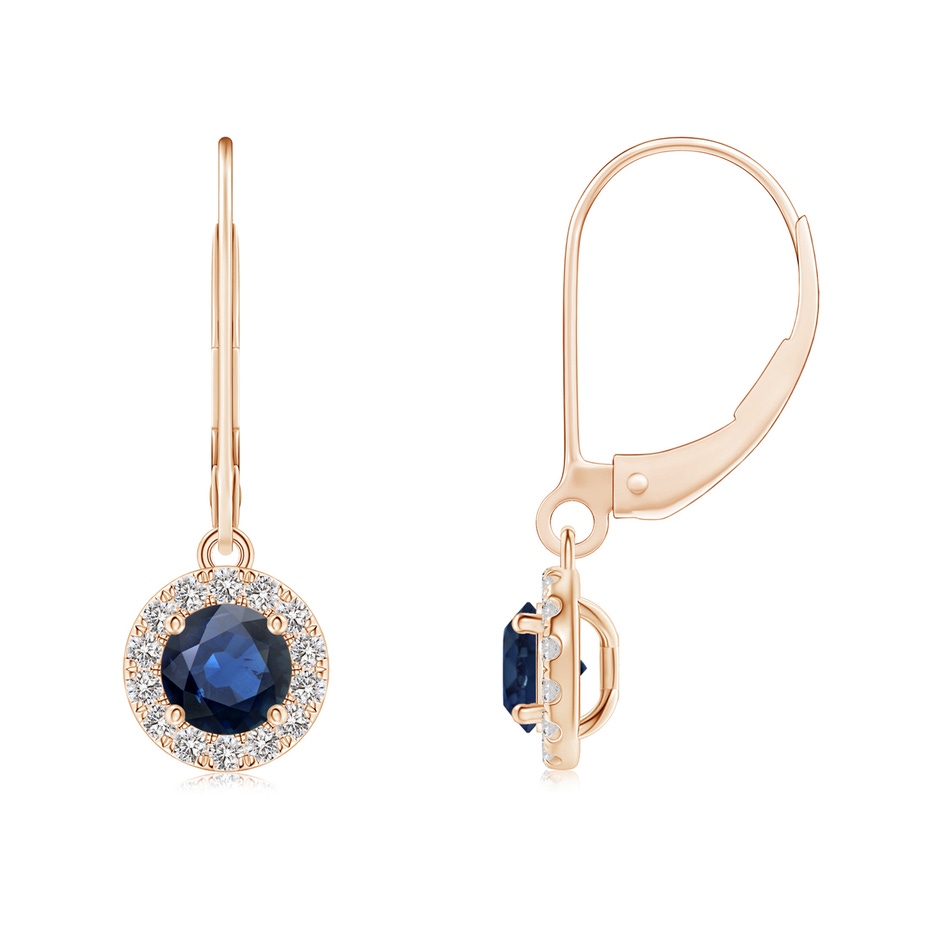 4.5mm AA Round Blue Sapphire Leverback Halo Dangle Earrings in Rose Gold 