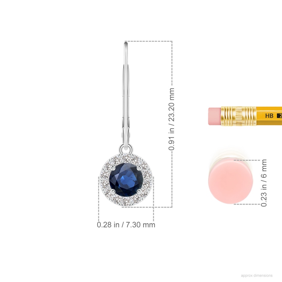 4.5mm AA Round Blue Sapphire Leverback Halo Dangle Earrings in White Gold ruler