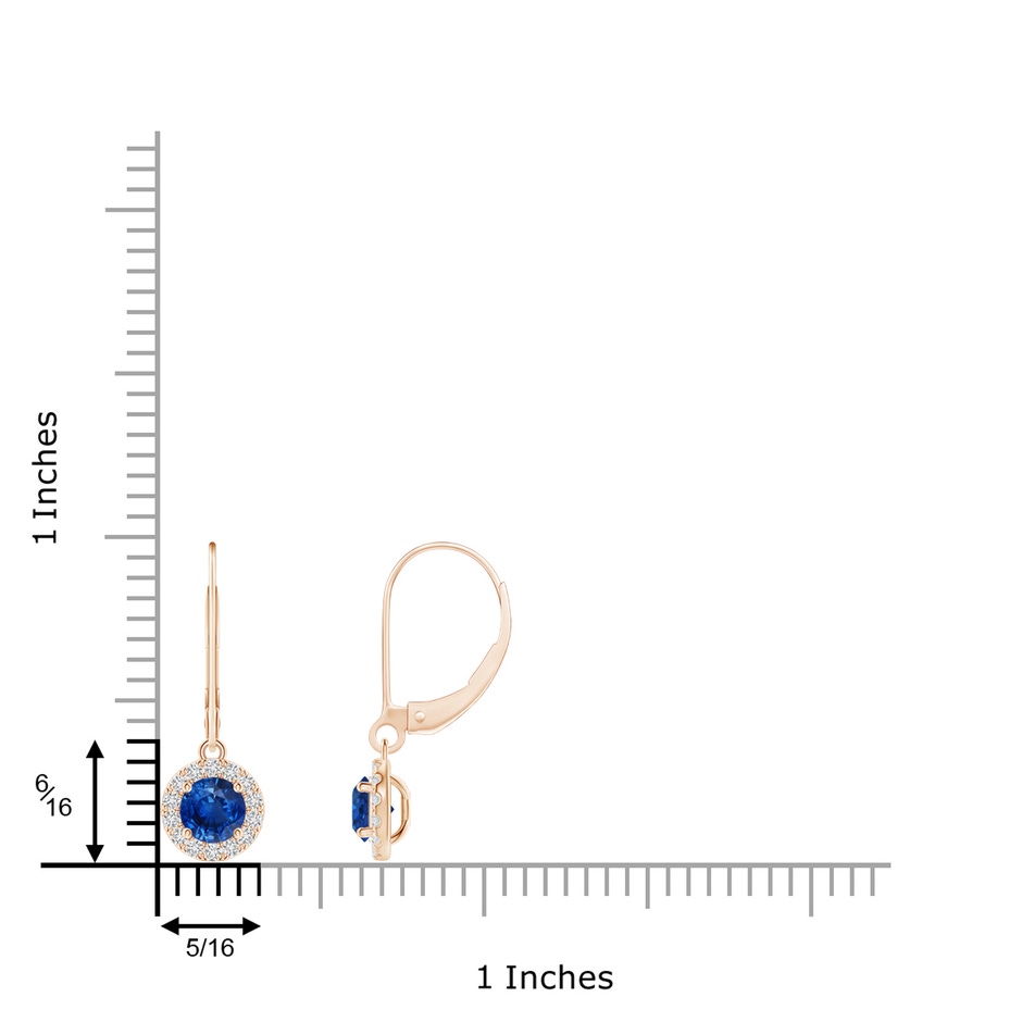 4.5mm AAA Round Blue Sapphire Leverback Halo Dangle Earrings in Rose Gold ruler