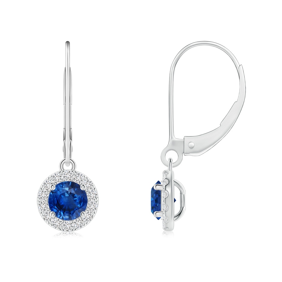 4.5mm AAA Round Blue Sapphire Leverback Halo Dangle Earrings in White Gold 