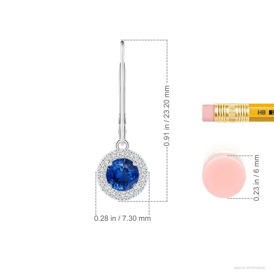 4.5mm AAA Round Blue Sapphire Leverback Halo Dangle Earrings in White Gold - ruler