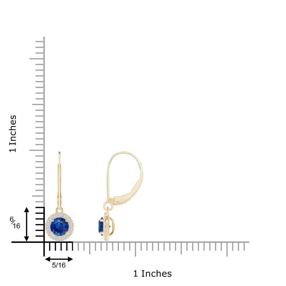 4.5mm AAA Round Blue Sapphire Leverback Halo Dangle Earrings in Yellow Gold ruler