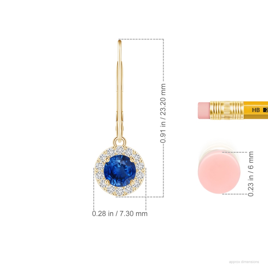 4.5mm AAA Round Blue Sapphire Leverback Halo Dangle Earrings in Yellow Gold ruler