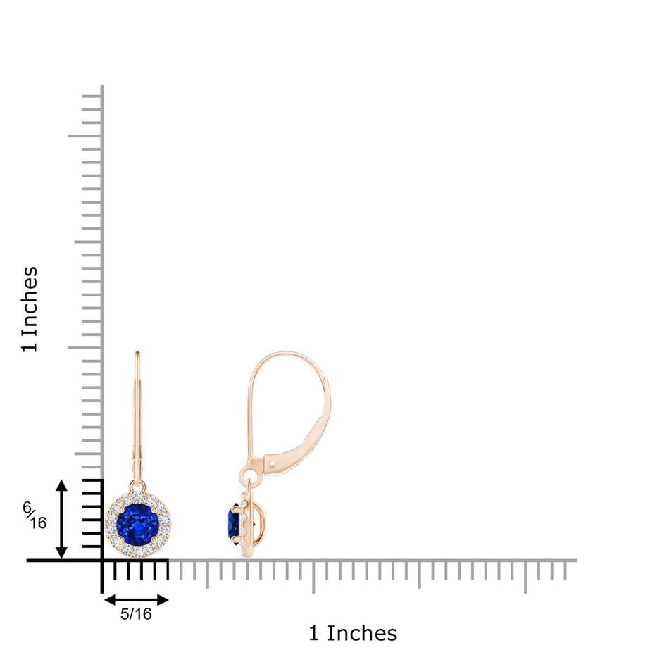 4.5mm AAAA Round Blue Sapphire Leverback Halo Dangle Earrings in Rose Gold ruler