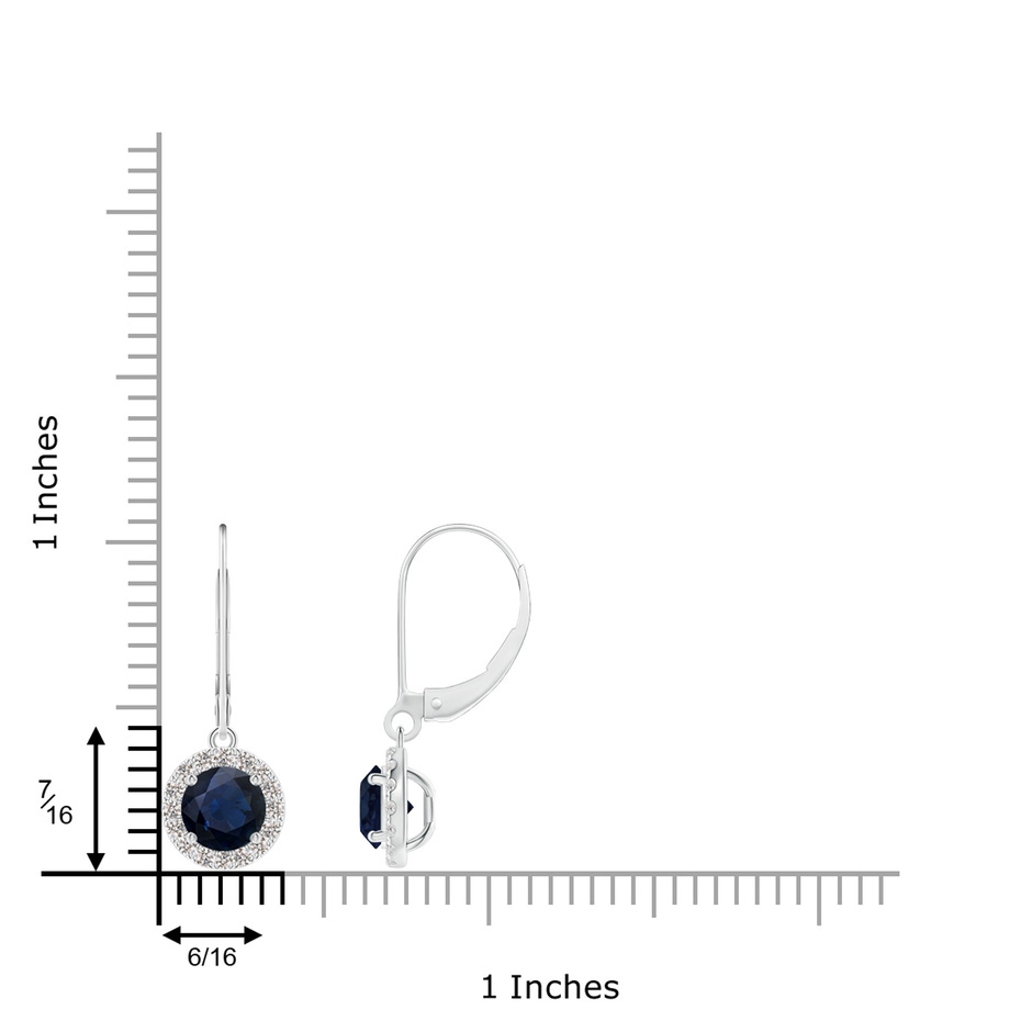 5.5mm A Round Blue Sapphire Leverback Halo Dangle Earrings in White Gold ruler