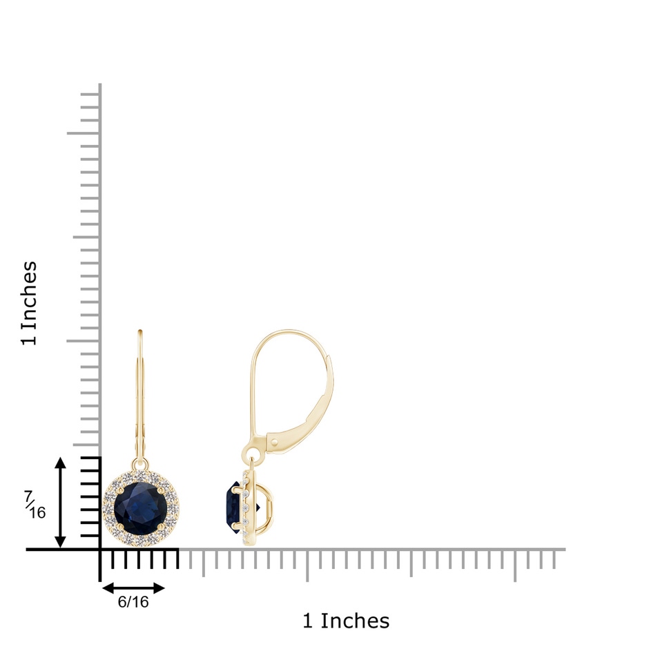 5.5mm A Round Blue Sapphire Leverback Halo Dangle Earrings in Yellow Gold ruler