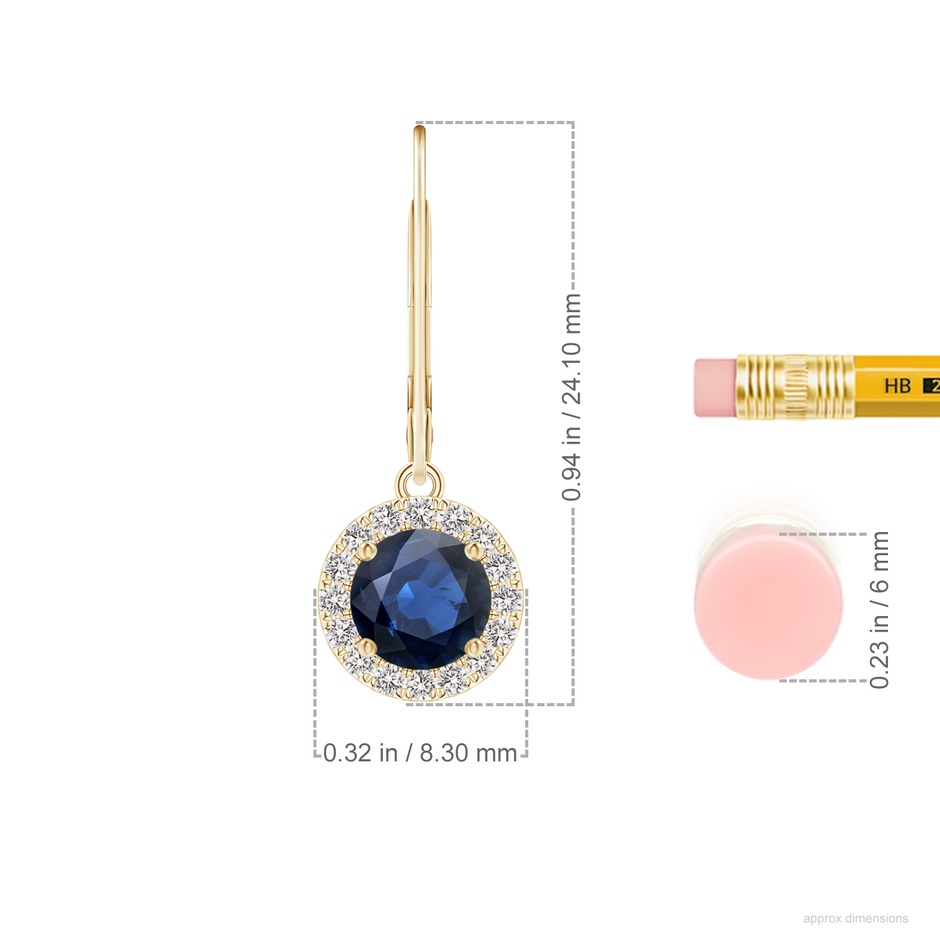 5.5mm AA Round Blue Sapphire Leverback Halo Dangle Earrings in 18K Yellow Gold ruler