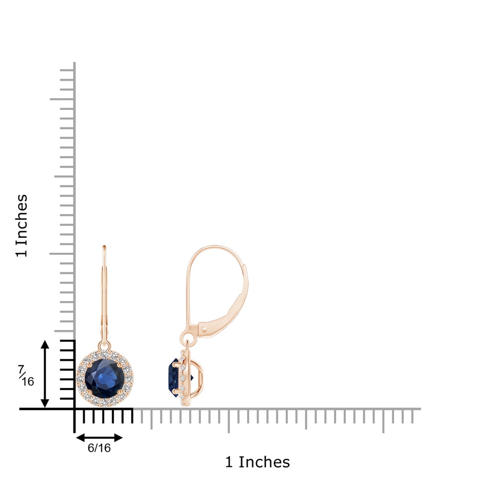 5.5mm AA Round Blue Sapphire Leverback Halo Dangle Earrings in Rose Gold ruler