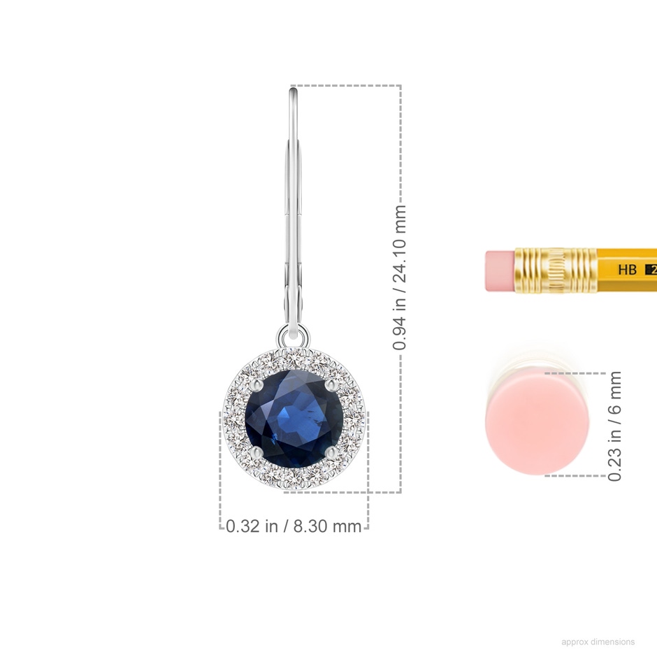 5.5mm AA Round Blue Sapphire Leverback Halo Dangle Earrings in White Gold ruler