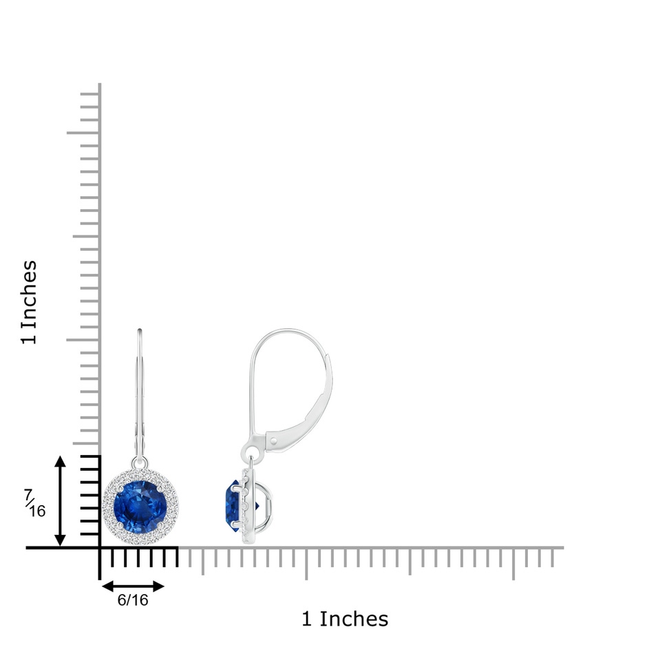 5.5mm AAA Round Blue Sapphire Leverback Halo Dangle Earrings in White Gold ruler