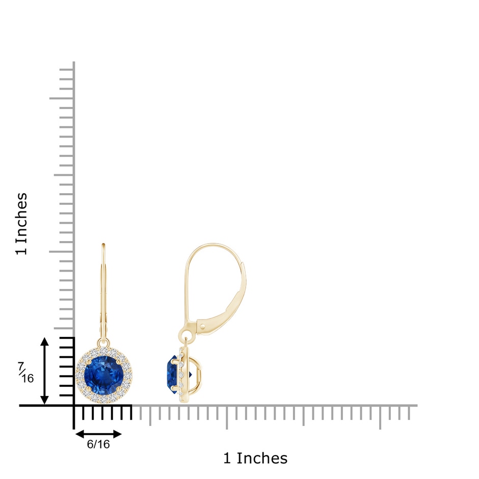 5.5mm AAA Round Blue Sapphire Leverback Halo Dangle Earrings in Yellow Gold ruler