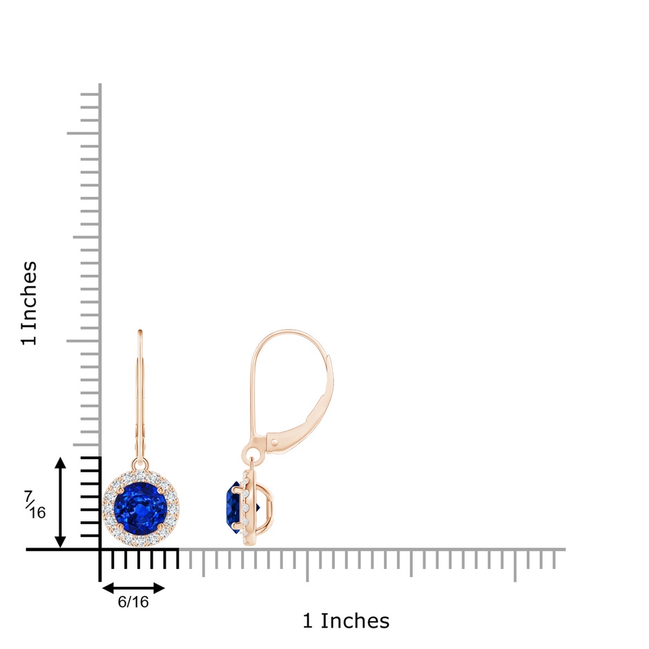 5.5mm AAAA Round Blue Sapphire Leverback Halo Dangle Earrings in Rose Gold ruler