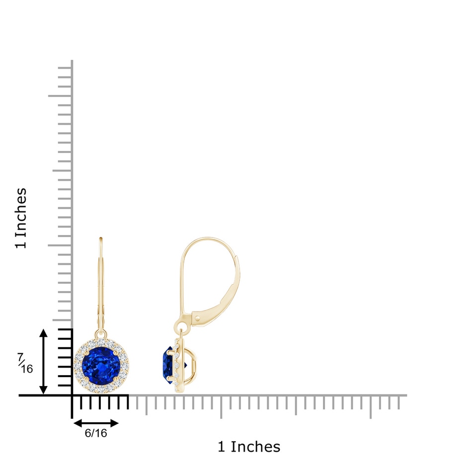 5.5mm AAAA Round Blue Sapphire Leverback Halo Dangle Earrings in Yellow Gold ruler