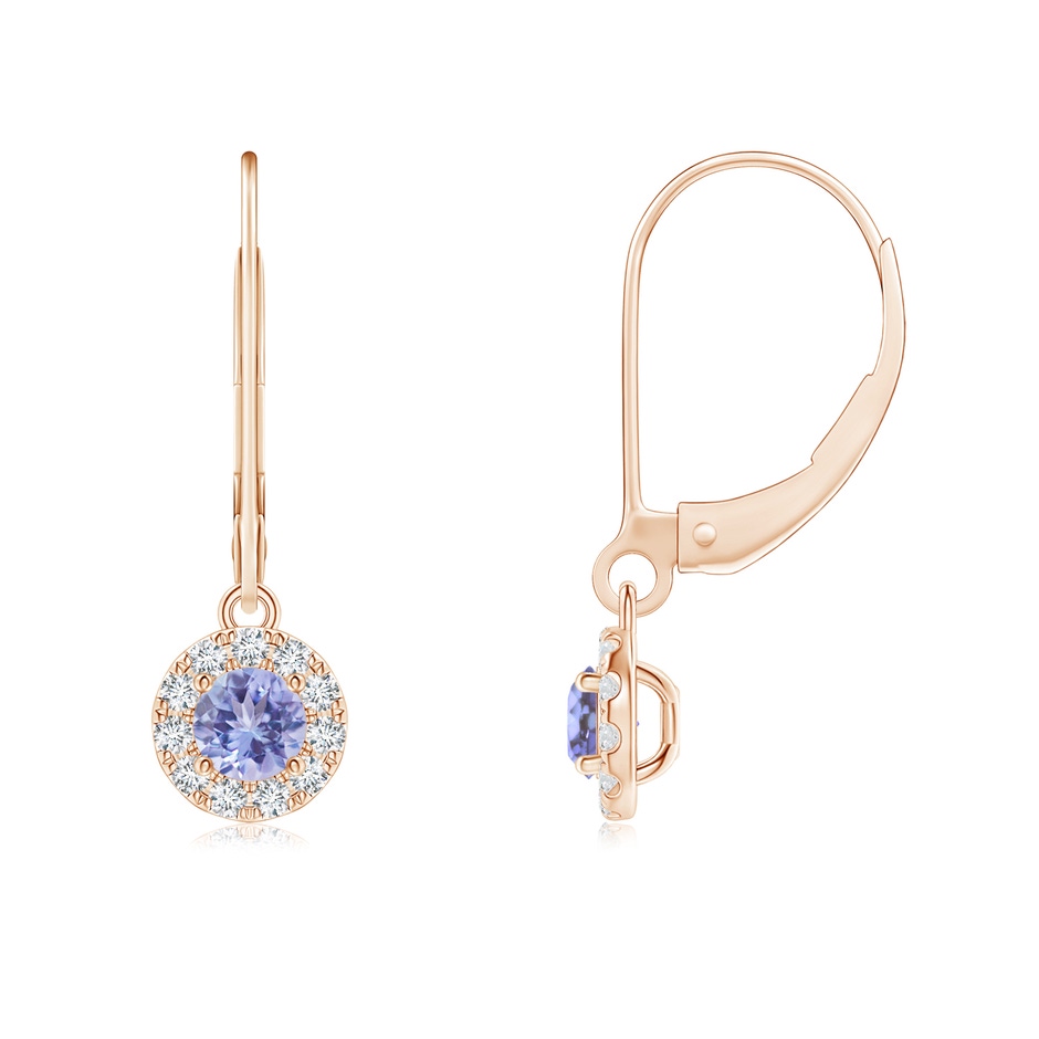 4mm AA Round Tanzanite Leverback Halo Dangle Earrings in Rose Gold 