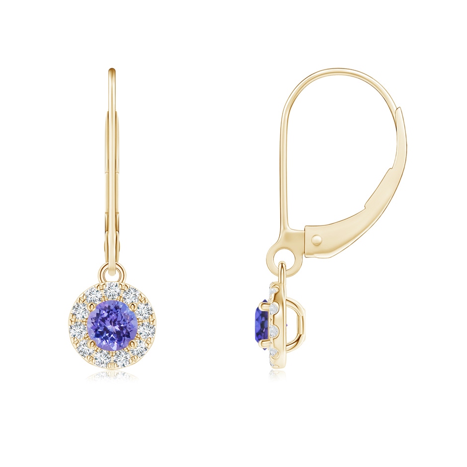 4mm AAA Round Tanzanite Leverback Halo Dangle Earrings in Yellow Gold 