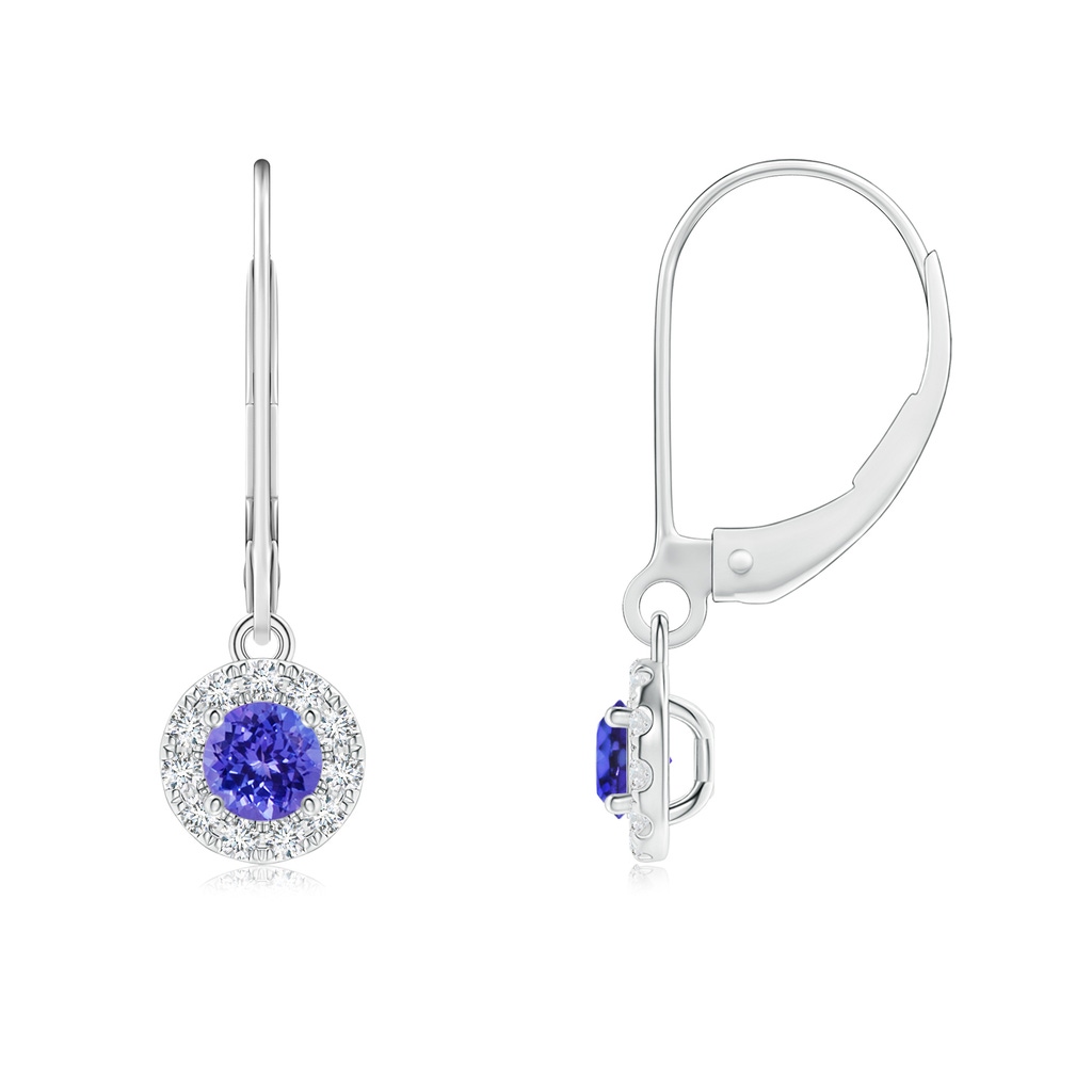 4mm AAAA Round Tanzanite Leverback Halo Dangle Earrings in White Gold