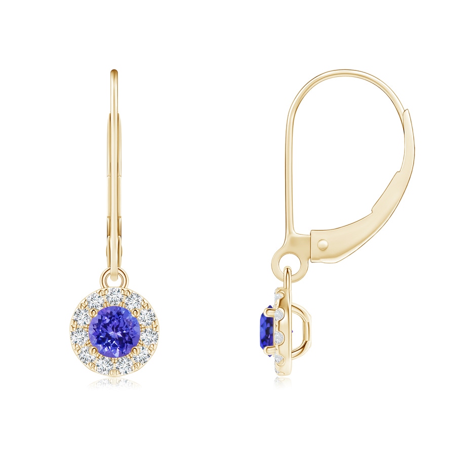 4mm AAAA Round Tanzanite Leverback Halo Dangle Earrings in Yellow Gold 