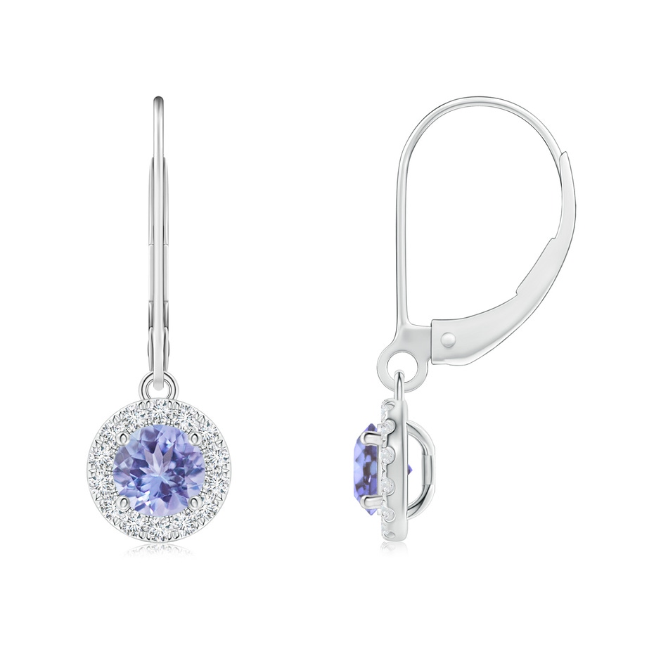 5mm AA Round Tanzanite Leverback Halo Dangle Earrings in White Gold 