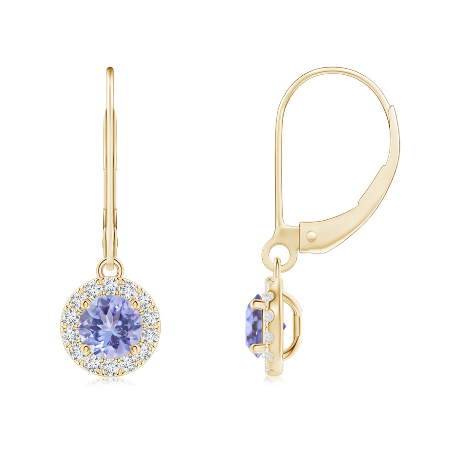 5mm AA Round Tanzanite Leverback Halo Dangle Earrings in Yellow Gold 