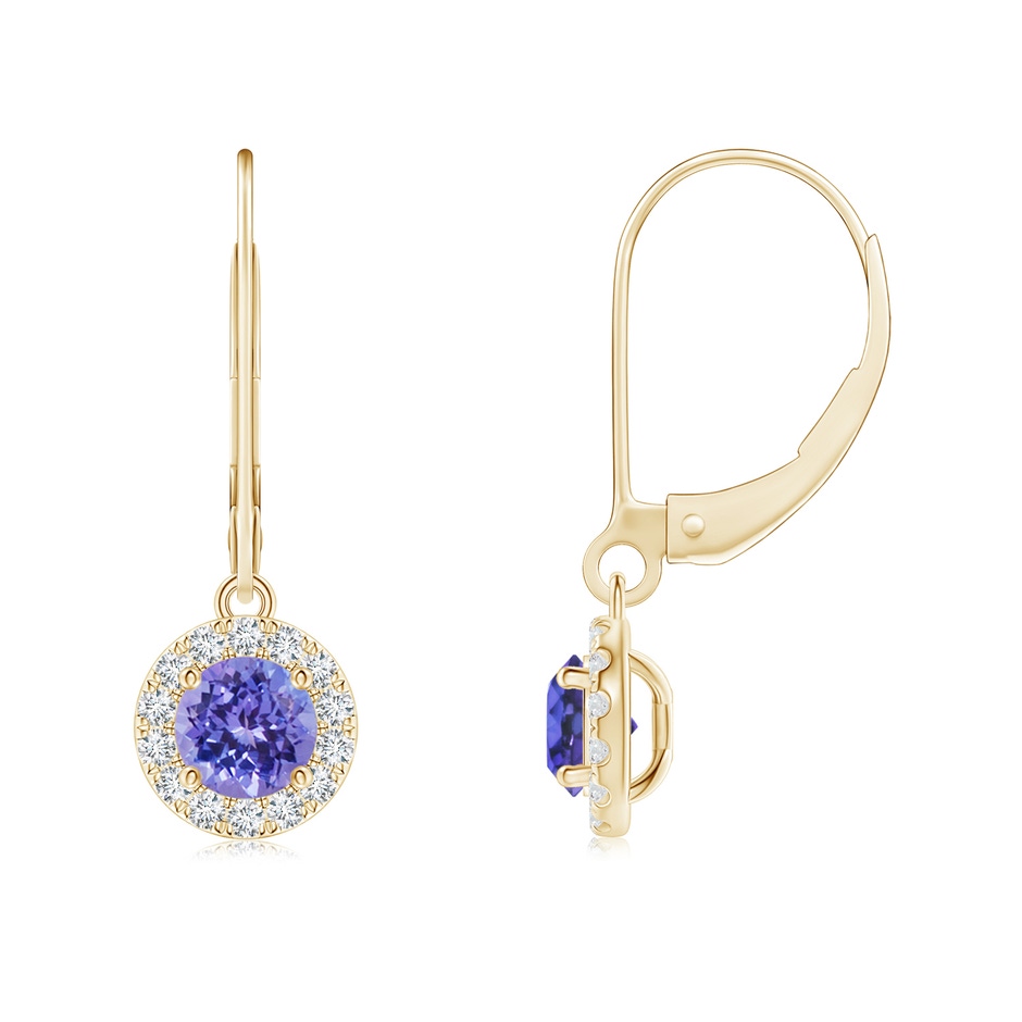 5mm AAA Round Tanzanite Leverback Halo Dangle Earrings in Yellow Gold 