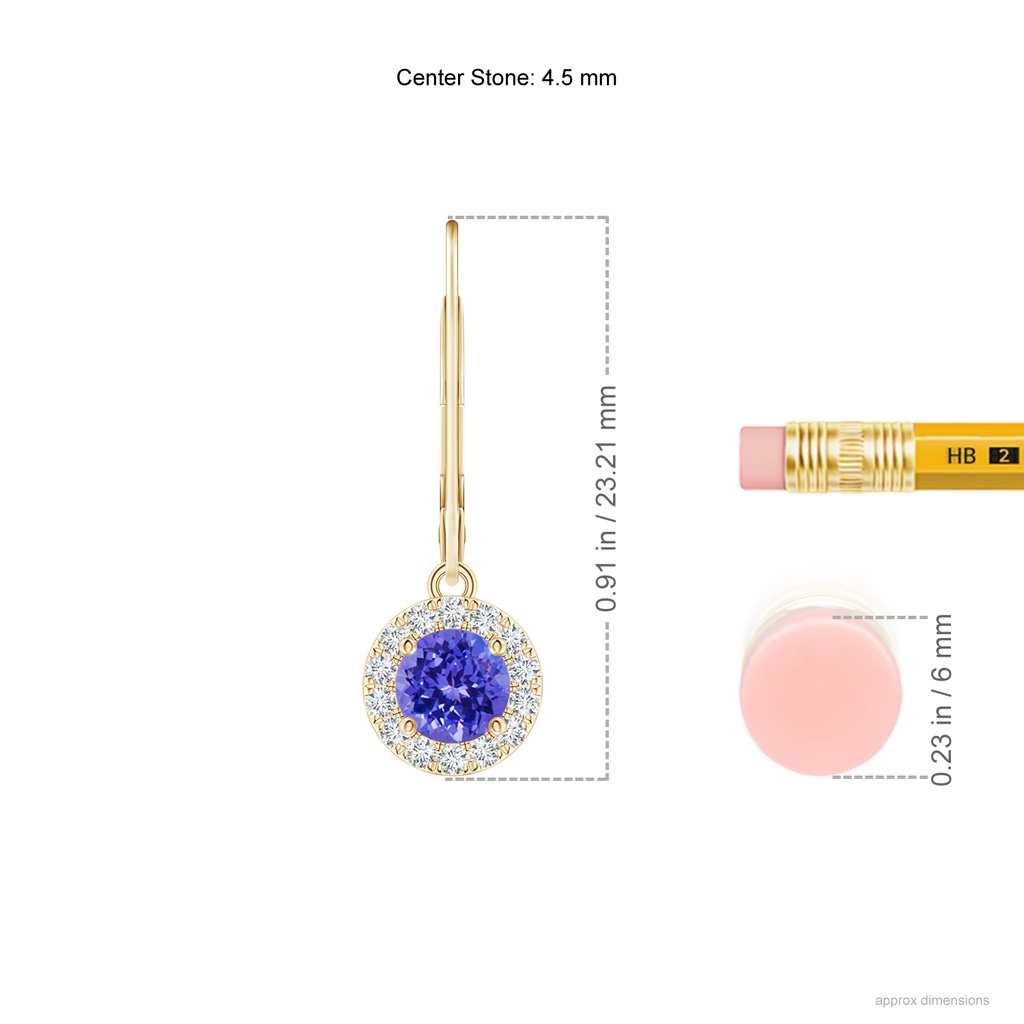 5mm AAAA Round Tanzanite Leverback Halo Dangle Earrings in Yellow Gold Product Image