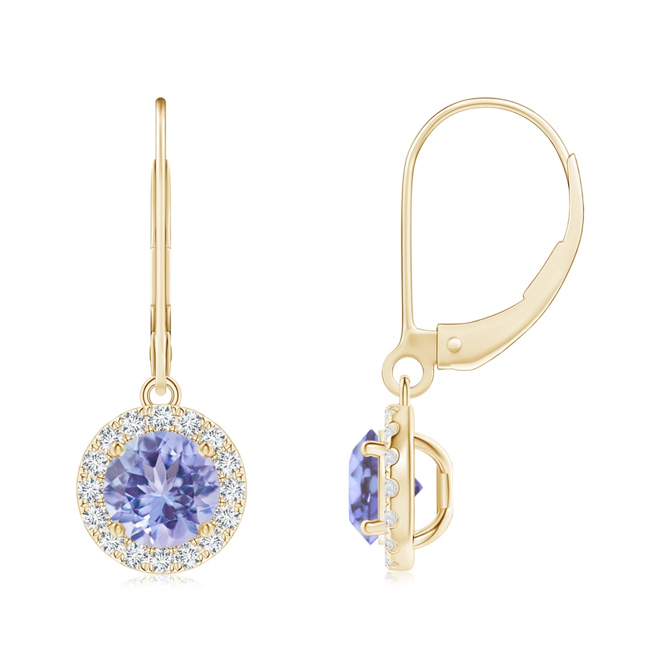 6mm A Round Tanzanite Leverback Halo Dangle Earrings in Yellow Gold 