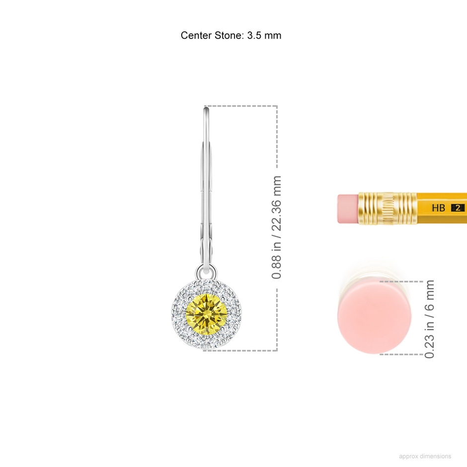 3.5mm AAAA Round Fancy Intense Yellow Diamond Leverback Halo Dangle Earrings in P950 Platinum ruler