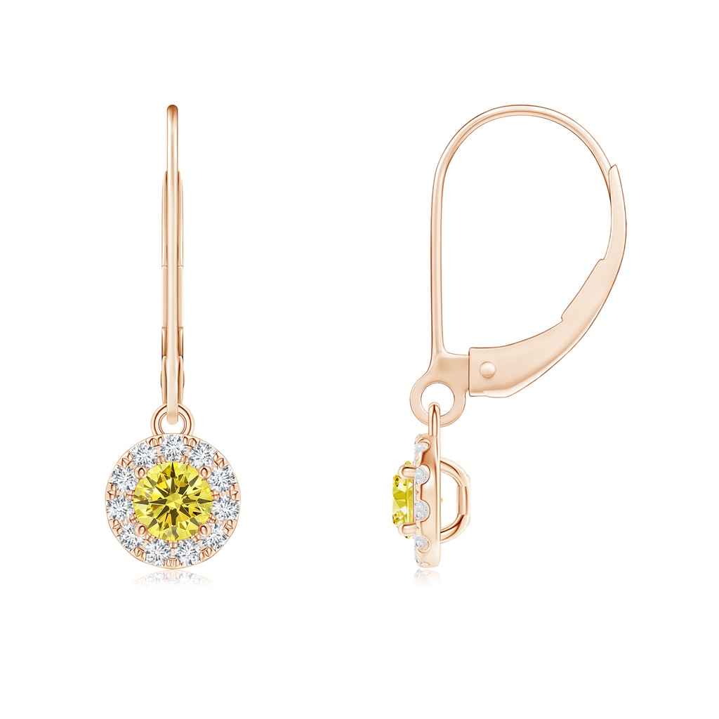 3.5mm AAAA Round Fancy Intense Yellow Diamond Leverback Halo Dangle Earrings in Rose Gold