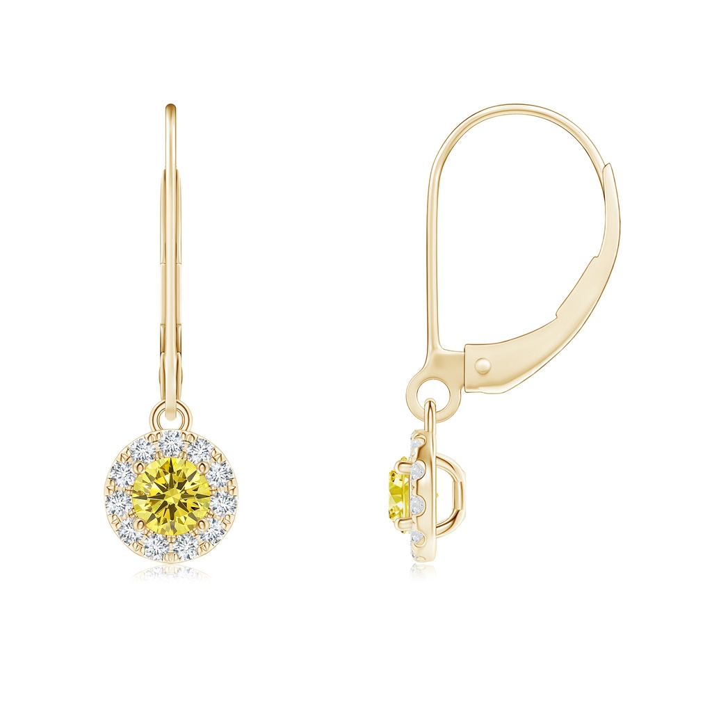 3.5mm AAAA Round Fancy Intense Yellow Diamond Leverback Halo Dangle Earrings in Yellow Gold