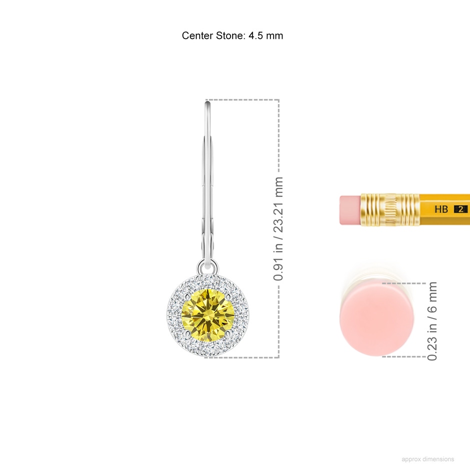 4.5mm AAAA Round Fancy Intense Yellow Diamond Leverback Halo Dangle Earrings in P950 Platinum ruler