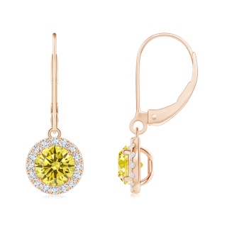 5.5mm AAAA Round Fancy Intense Yellow Diamond Leverback Halo Dangle Earrings in Rose Gold