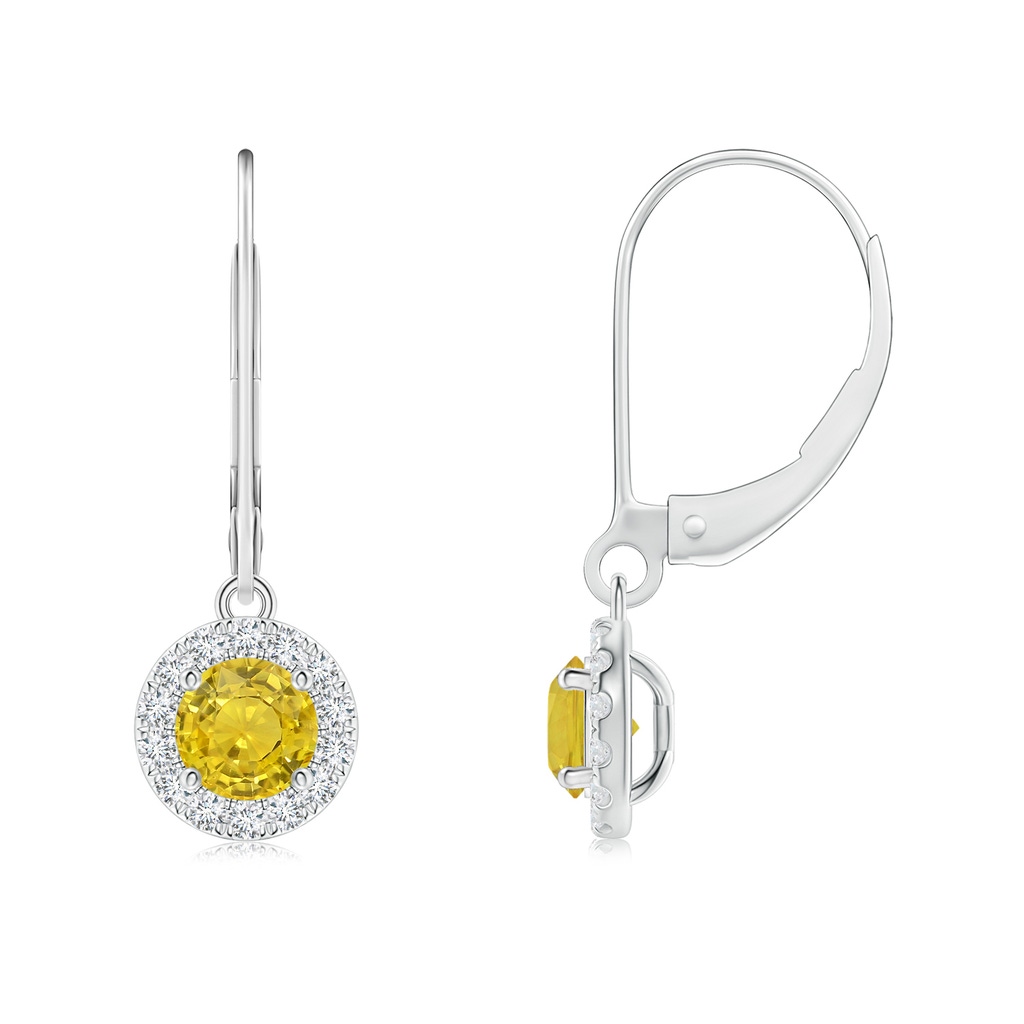 4.5mm AAA Round Yellow Sapphire Leverback Halo Dangle Earrings in White Gold