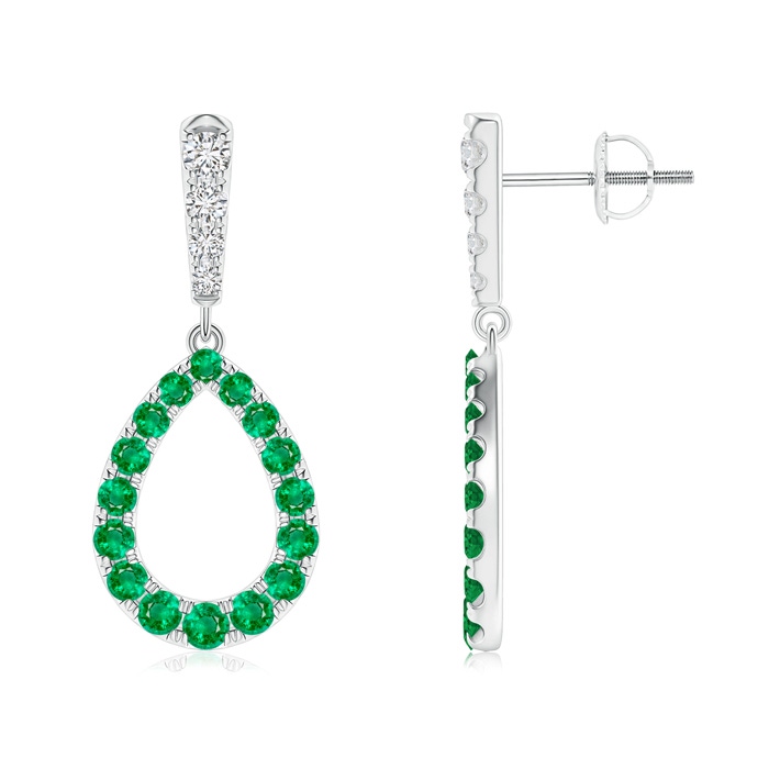 2.5mm AAA Prong-Set Emerald and Diamond Open Drop Earrings in White Gold 