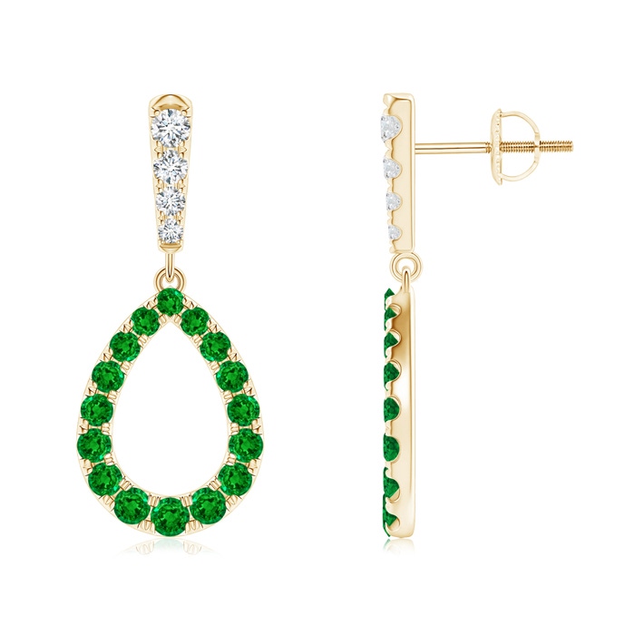 2.5mm AAAA Prong-Set Emerald and Diamond Open Drop Earrings in Yellow Gold