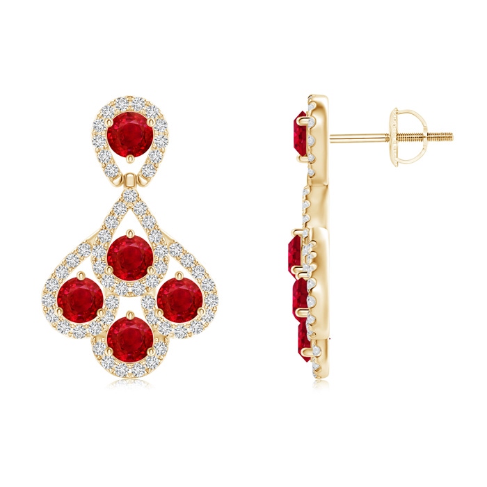 3mm AAA Ruby Dangle Earrings with Diamond Outline in Yellow Gold 