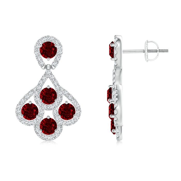 3mm AAAA Ruby Dangle Earrings with Diamond Outline in White Gold