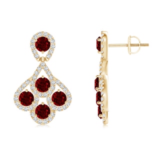 3mm AAAA Ruby Dangle Earrings with Diamond Outline in Yellow Gold