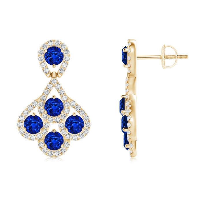 3mm AAAA Sapphire Dangle Earrings with Diamond Outline in Yellow Gold