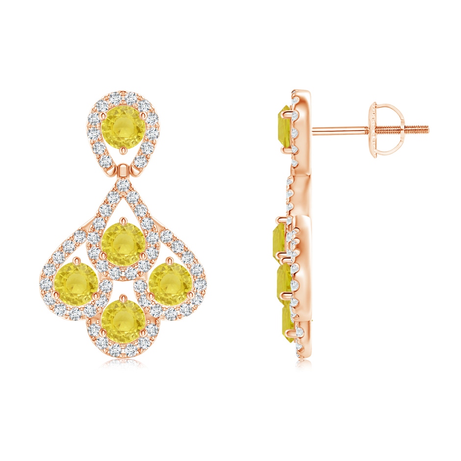 3mm A Yellow Sapphire Dangle Earrings with Diamond Outline in Rose Gold 