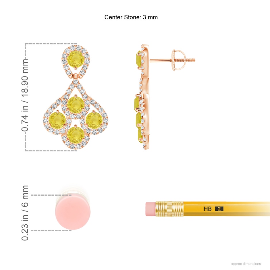 3mm A Yellow Sapphire Dangle Earrings with Diamond Outline in Rose Gold ruler