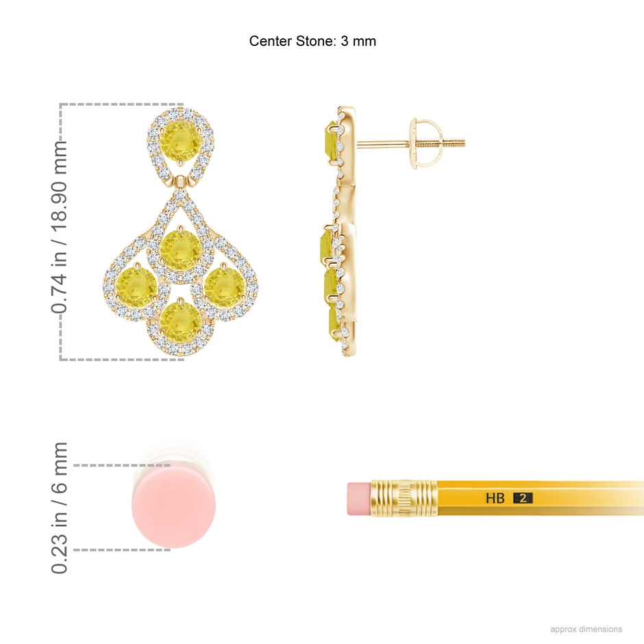 3mm A Yellow Sapphire Dangle Earrings with Diamond Outline in Yellow Gold ruler