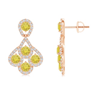 3mm AA Yellow Sapphire Dangle Earrings with Diamond Outline in 9K Rose Gold