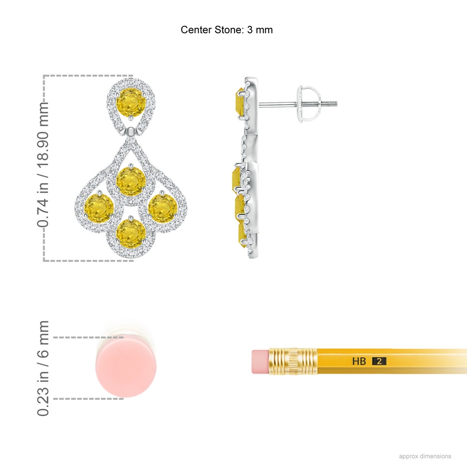 3mm AAA Yellow Sapphire Dangle Earrings with Diamond Outline in White Gold ruler