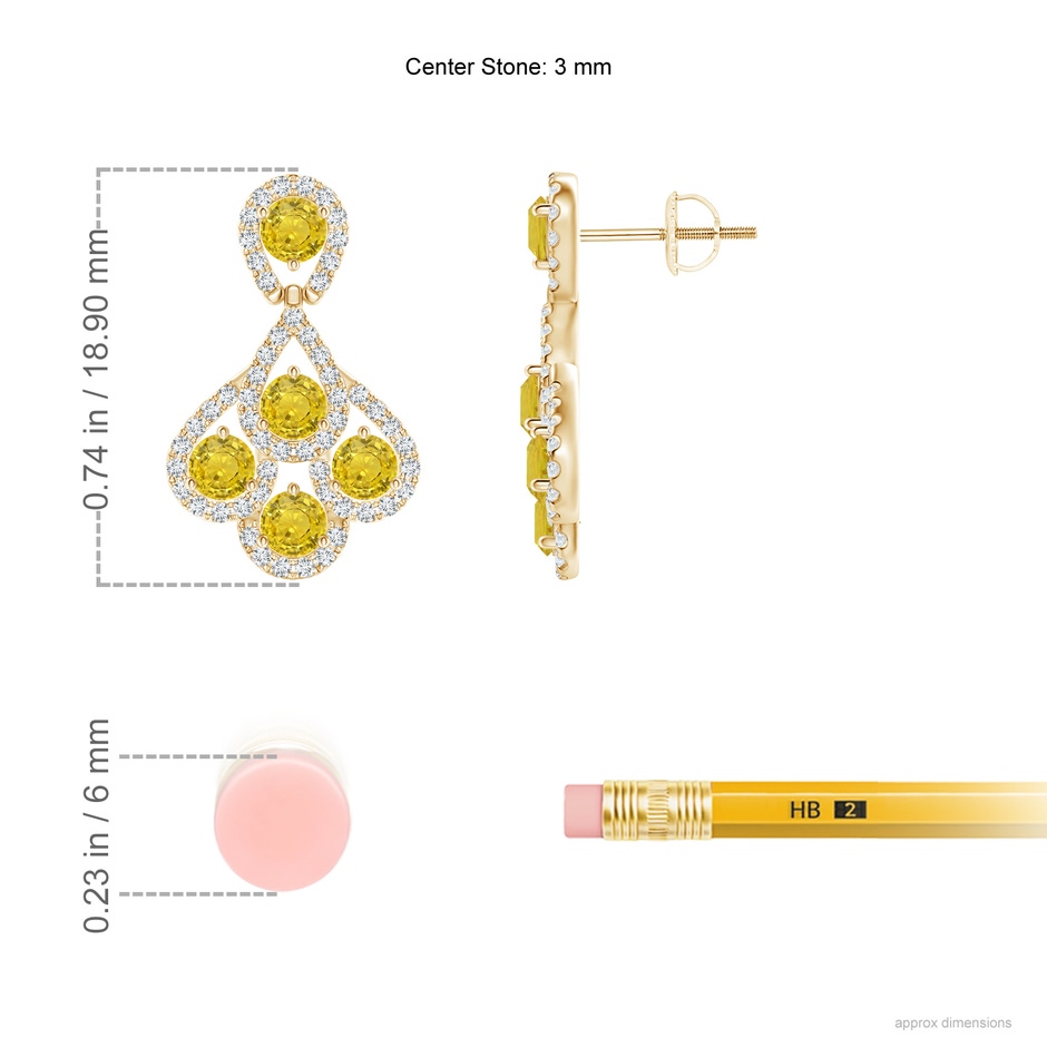 3mm AAA Yellow Sapphire Dangle Earrings with Diamond Outline in Yellow Gold ruler